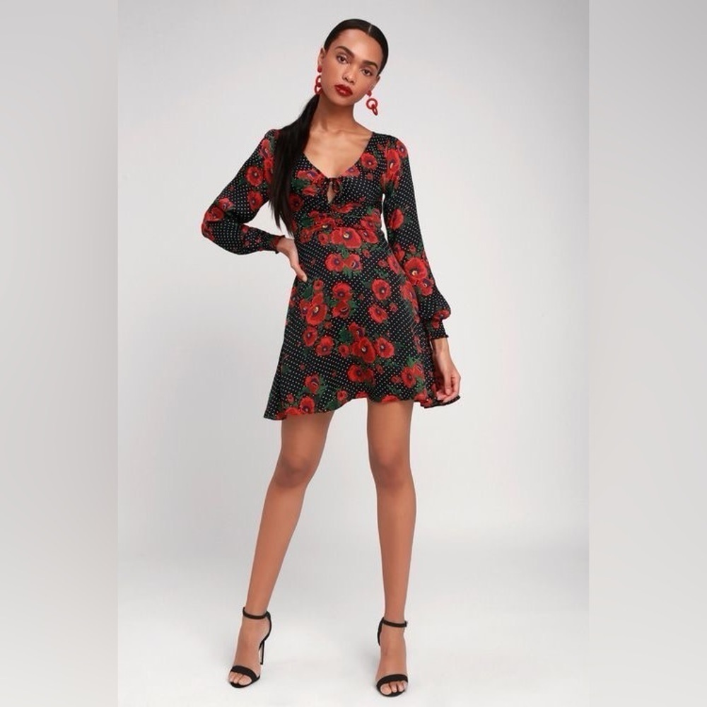FREE PEOPLE Morning Light Mini Dress Black Polka Dot Red Poppy Floral 2 - Picture 3 of 9